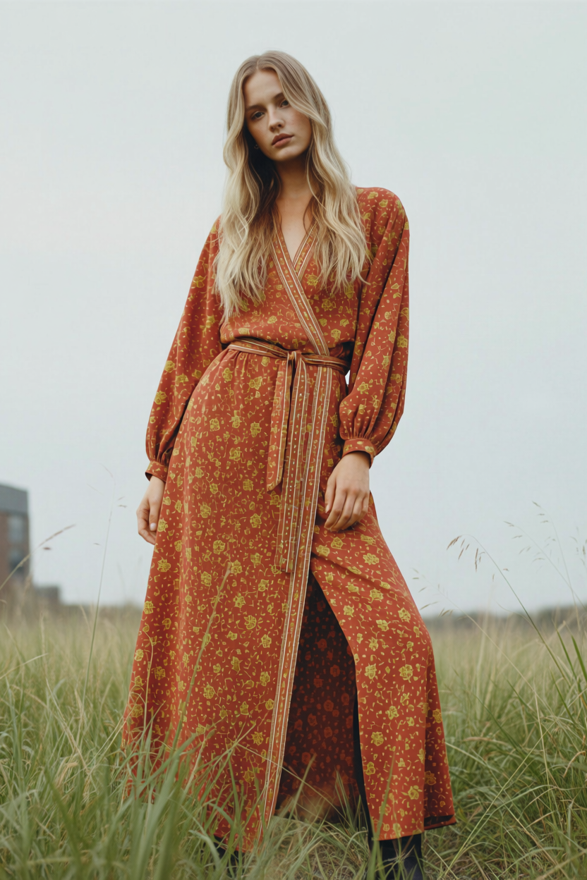 Bohemian Silk-Viscose Kimono Dress