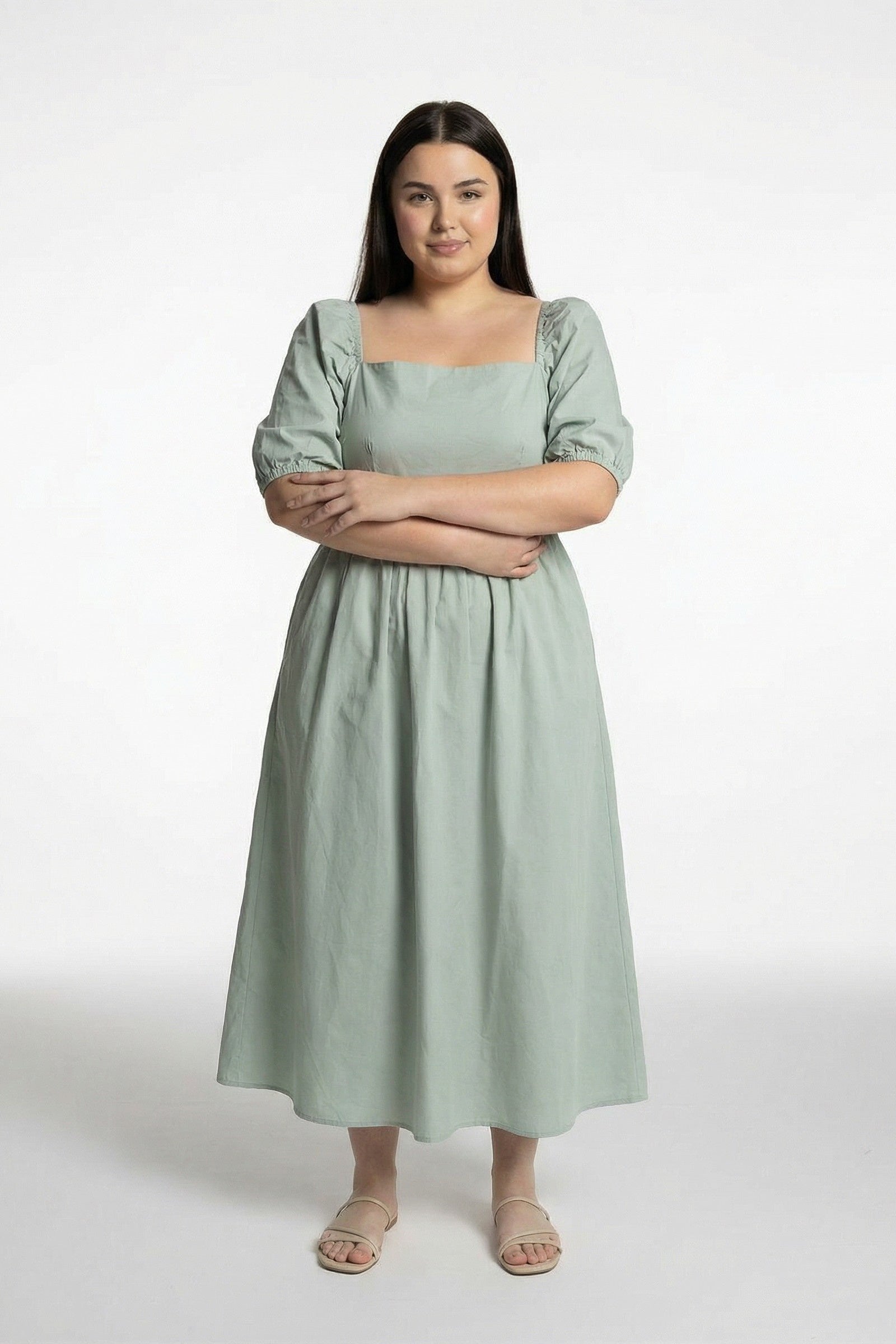 Elena Dress – Cotton Maxi Dress with Puff Sleeves & Open Back