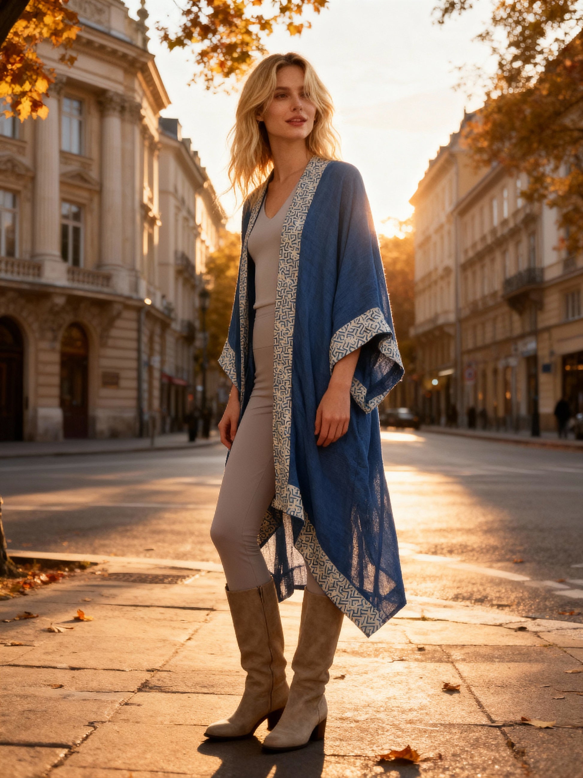 Woman in a blue kimono standing on a city street with autumn leaves.