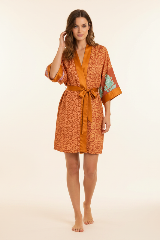 Saffron Temple Kimono - Front view with model