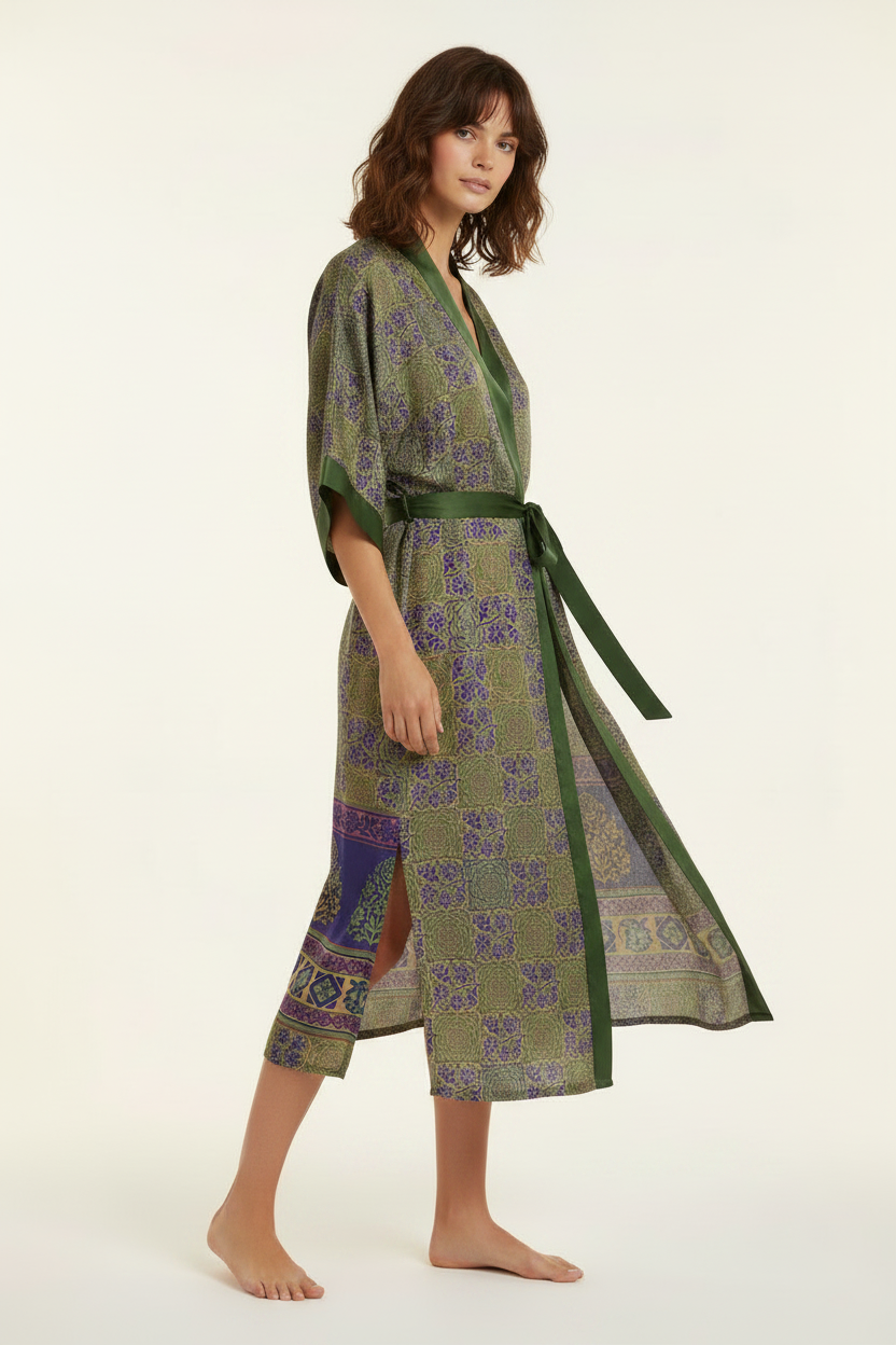 Indigo Garden Kimono - Side profile view with model