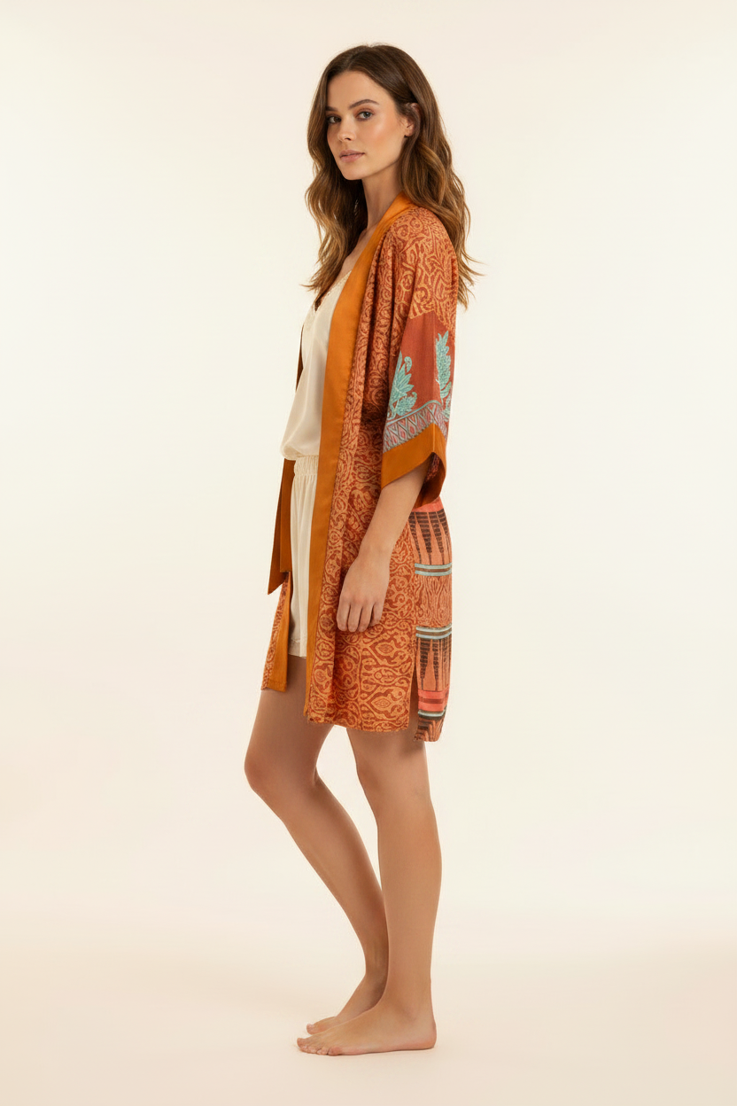 Saffron Temple Kimono - Side profile open with model