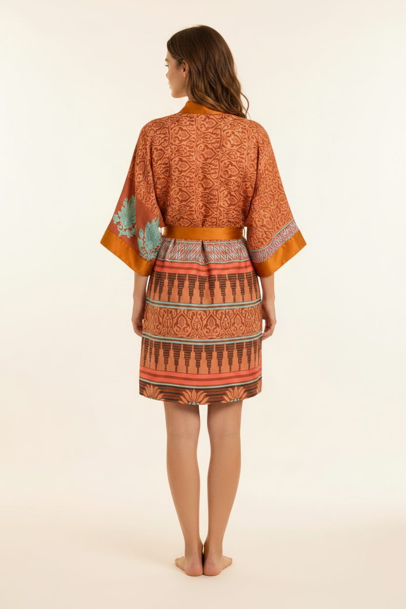 Saffron Temple Kimono - Back view with model